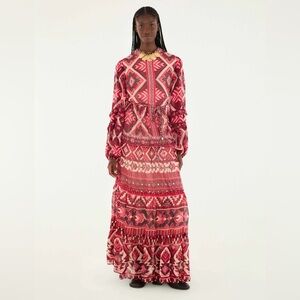 FARM RIO Red Graphic Ainika Belted Tiered Maxi Dress